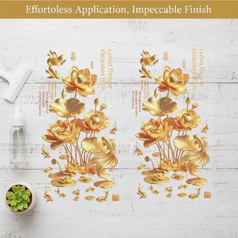 High Quality Anti-static Flower Koi Sticker 3D Effect Plastic Glass Door Sticker Chinese Style Golden Lotus Wall Sticker