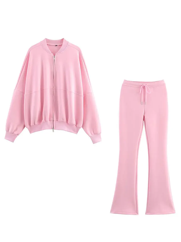 HH Autumn Women Elegant Solid Pants Set Long Sleeve Zipper Bomber Jackets Drawstring Slim Flare Pant Casua Loffice Lady Suits