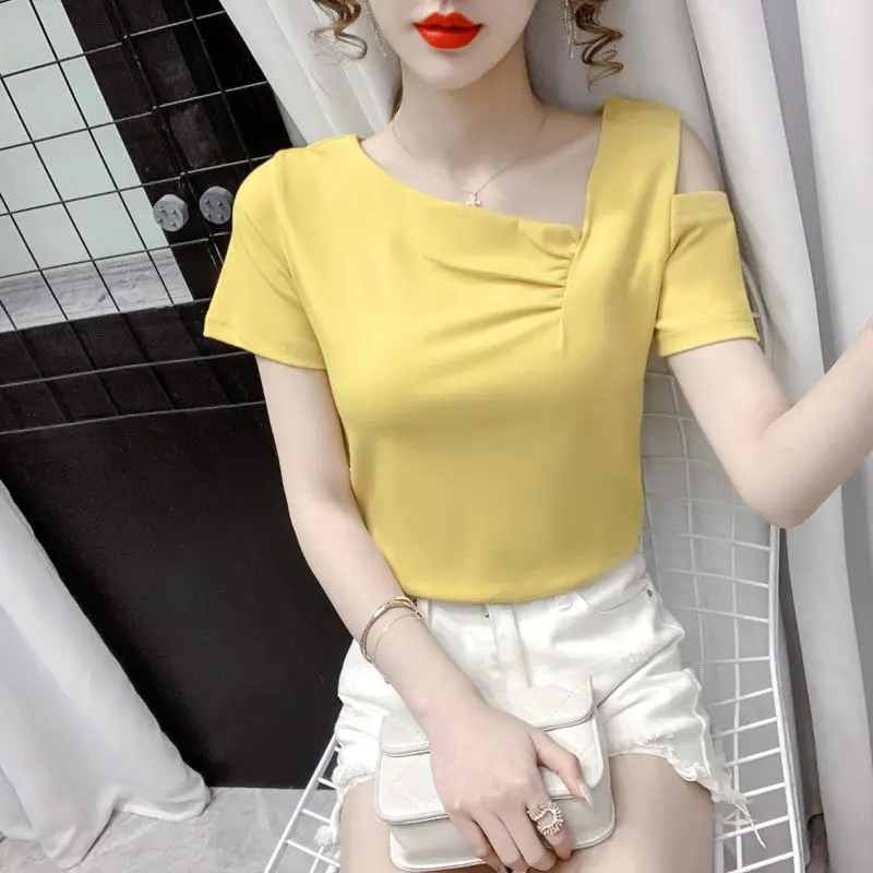 Women's 2024 Summer New Fashion Commute Solid Spliced Folds Irregular Skew Collar Off Shoulder Slim Short Sleeve T-shirts Tops