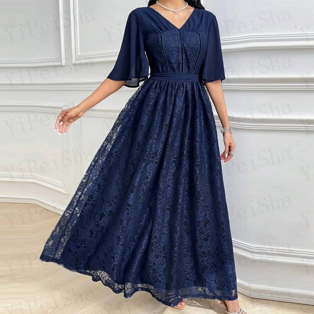 تخصيص ألف خط فساتين لحضور الحفلات الموسيقية الكاحل طول الخامس الرقبة نصف كم ثوب مسائي بسيط أزياء من الدانتل ثنيات عارية الذراعين حزب ثوب