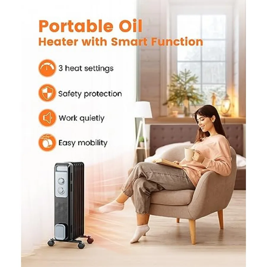 Oil Filled Radiator Heater, Portable Electric Heater for Large Space, 1s Quick Heat, 3 Modes, Portable Space Heater with Tip-ov