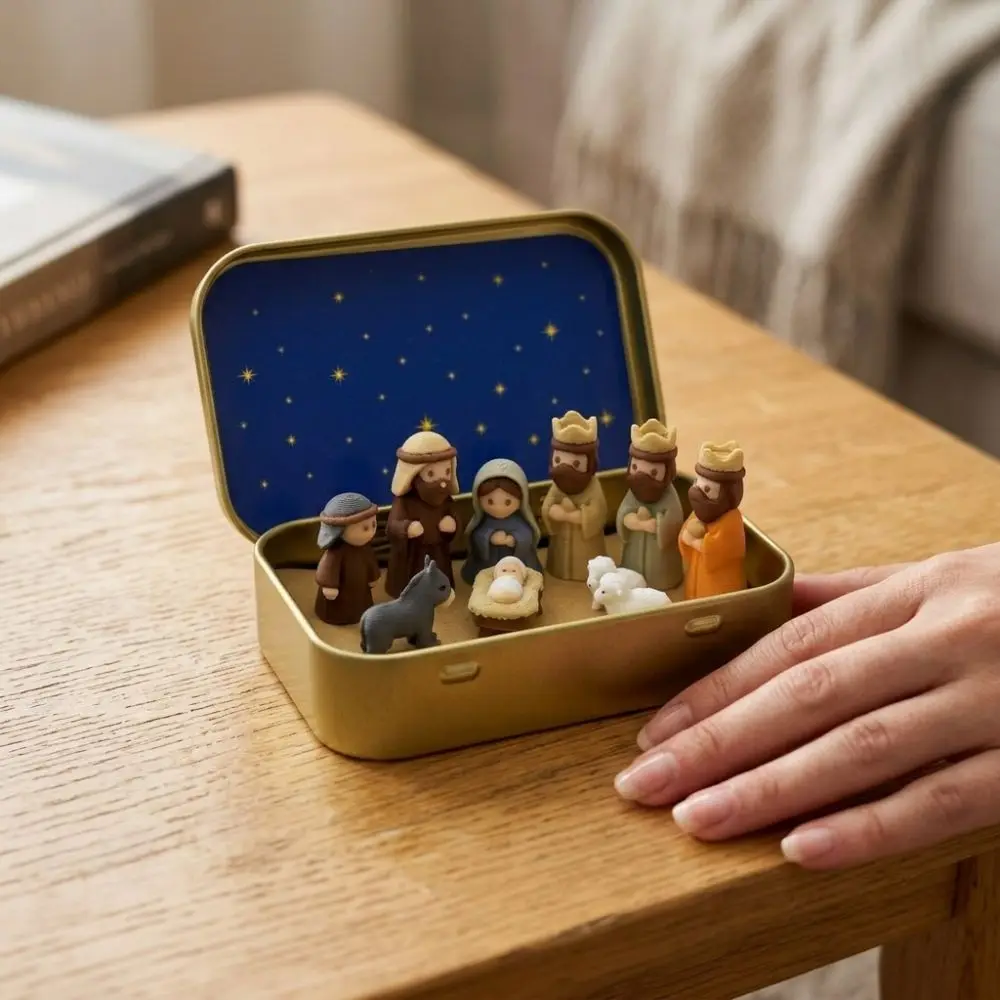 Metal Tin Box Mini Christmas Trough Set Holy Family 3D Printed Xmas Manger Ornaments Shepherd Animal Hand Painted