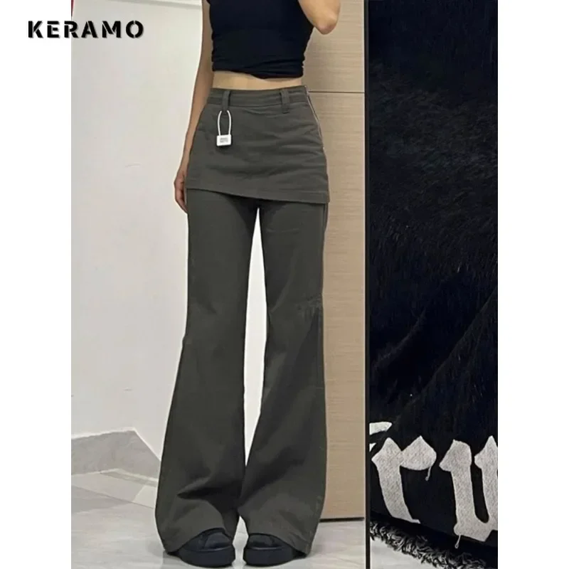 Harajuku Patchwork High Waist Flared Jeans Female Retro Green Y2K Pants Hight Street Women\'s Vintage Solid Color Denim Trouser