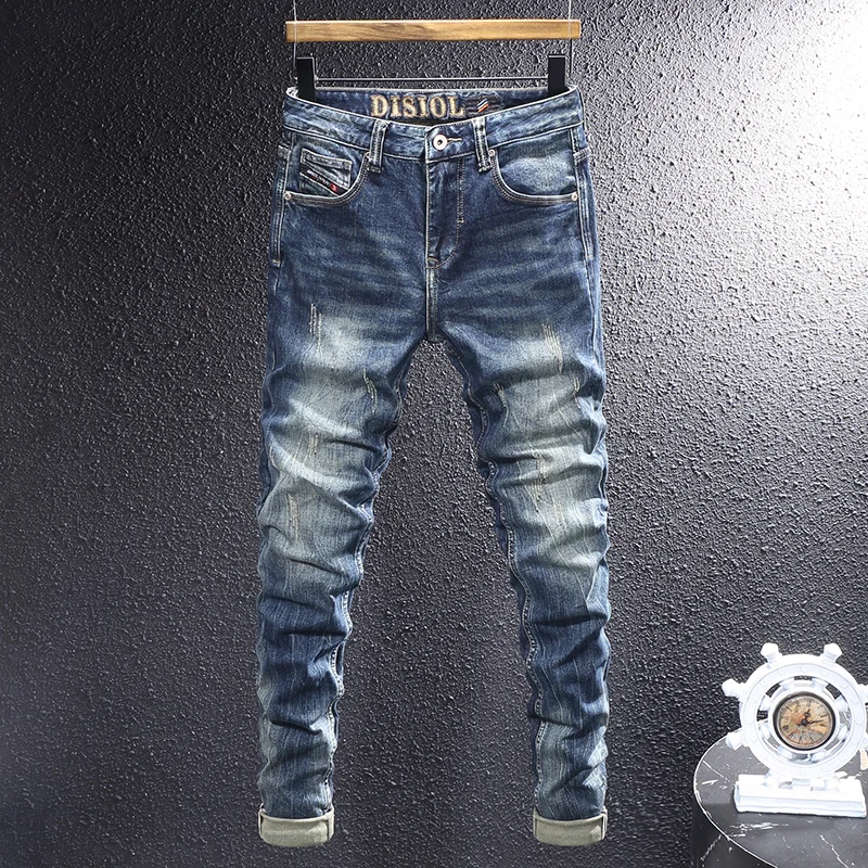 

Fashion Designer Men Jeans Retro Washed Blue Stretch Slim Fit Ripped Jeans Men Italian Style Vintage Casual Denim Pants Hombre