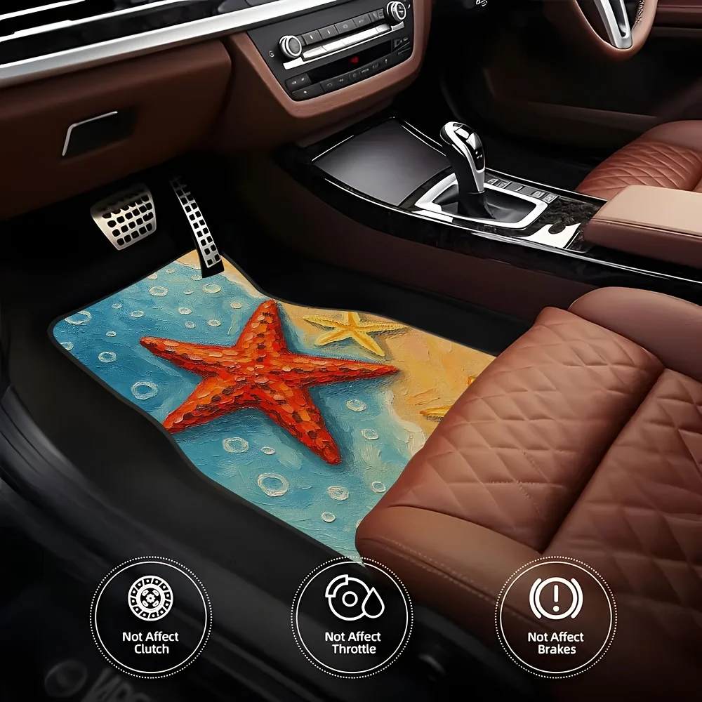 Four Vibrant And Interesting Starfish-Patterned Rubber Car Mats, Universal Non-Slip Carpets That Are Easy To Clean And Pet-Frien