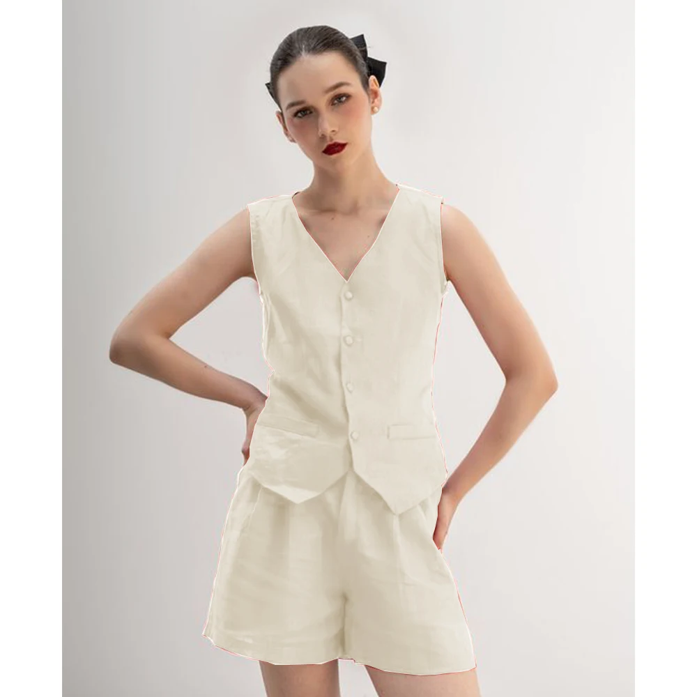 Women's Linen Vest Short Pants Two-piece Set Summer Casual Fashion Slim Single Breasted Elegant 2-piece Sets for Women Pieces