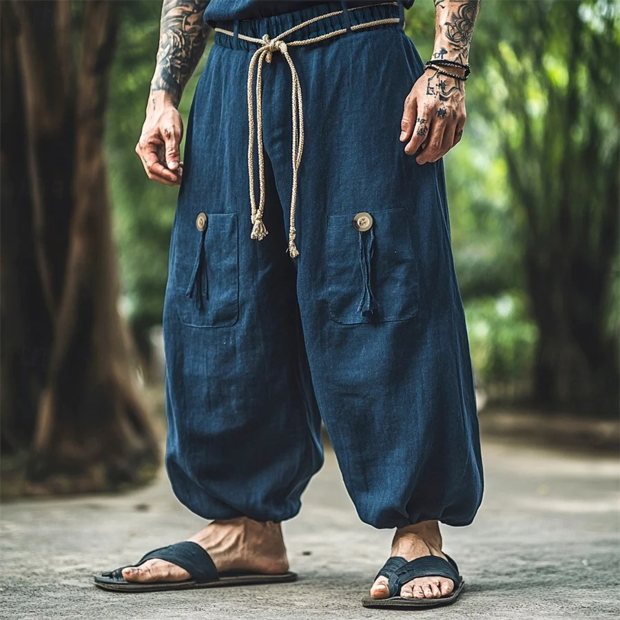 

Summer Men's Casual Cotton Linen Lantern Pants Elastic Waist Solid Baggy Pants Ethnic Style Vintage Trousers Male Streetwear