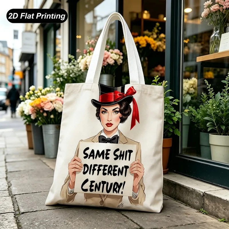 1PC【Tote Bag】2DFlat effect，Featuring a retro art style print of a woman holding a sign，Large-capacity durable model，Adapted