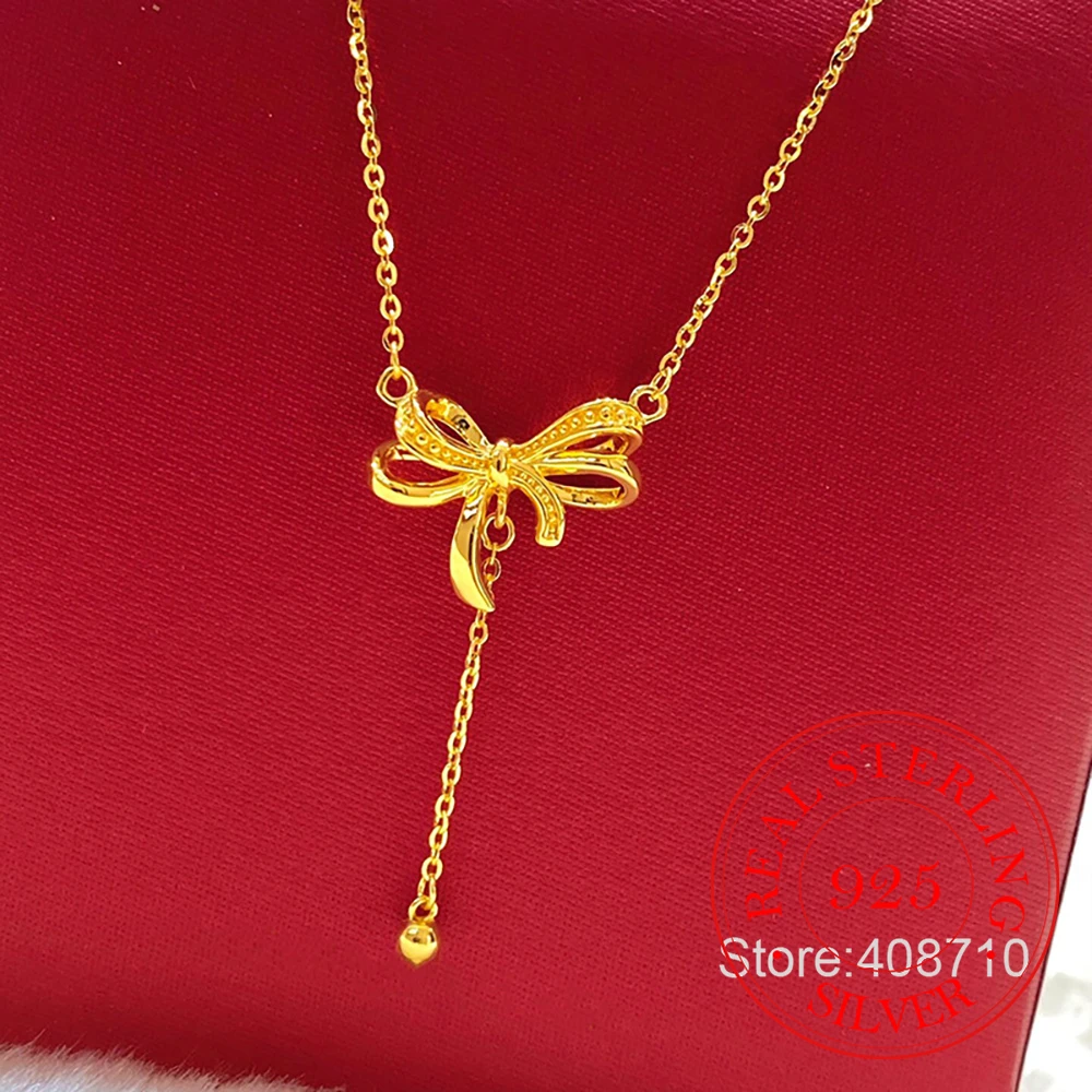 

Ювелирные изделия из стерлингового серебра 925 пробы, позолоченное 18 К, кулон с бантом и кисточкой, ожерелье для женщин, цепочка на ключицы, ювелирное изделие для свадебной вечеринки, подарок