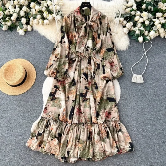 2024 Light Mature Style Elegant Maxi Dress Women Retro Temperament Lantern Long Sleeve Bow Tie Waist Up A-Line Printed Dress