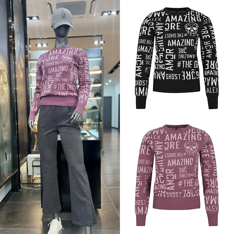 Autumn And Winter Golf Apparel For Women With A Sporty Temperament, Slim Fit Knit Golf Sweater With Letter Printed