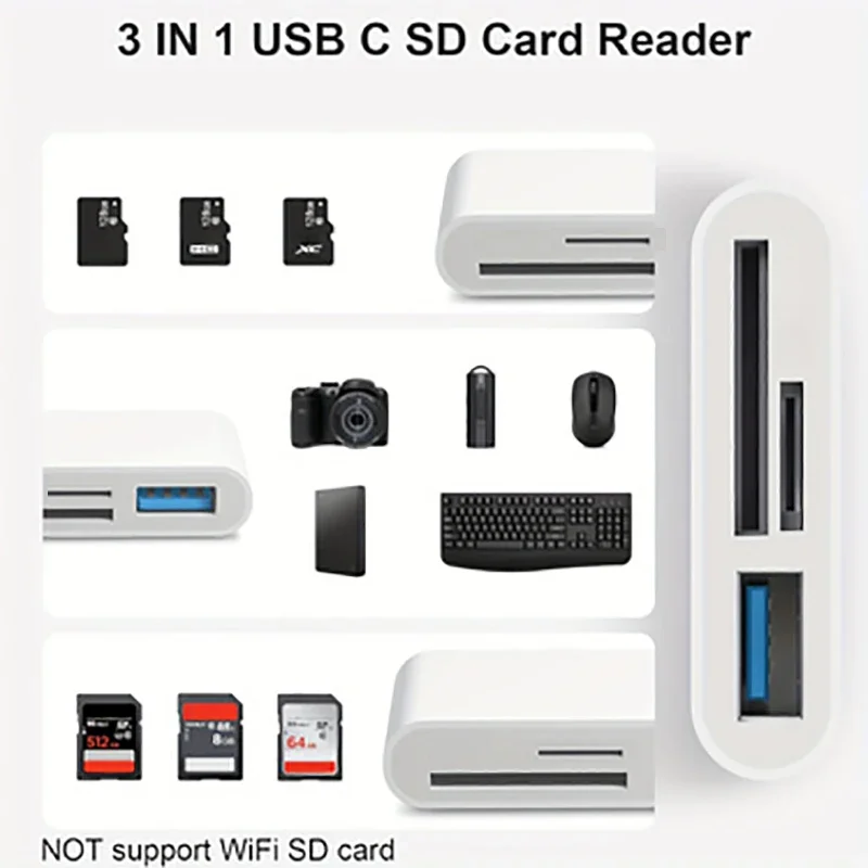 3 In 1 Adapter Type-C, Tf, Cf, Sd, Memory Card Reader Compatible With iPhone iPad Mac MacBook Laptop Android,PC & Acc