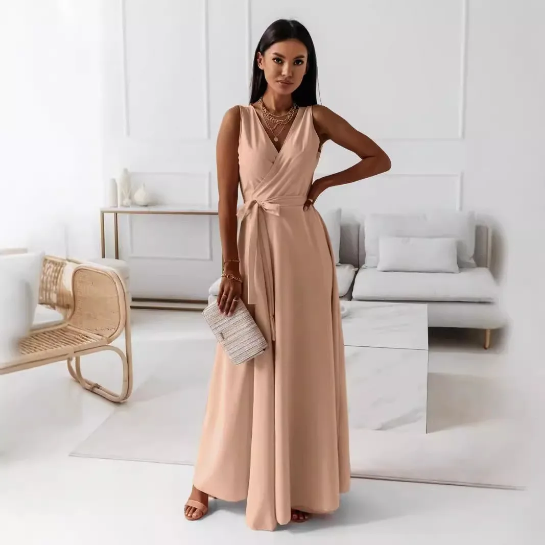 One Tie Gown a Line Elegant with Off Shoulder Pleated Dress V Neck Long Dress Slip on Style a Line Silhouette Summer for Women