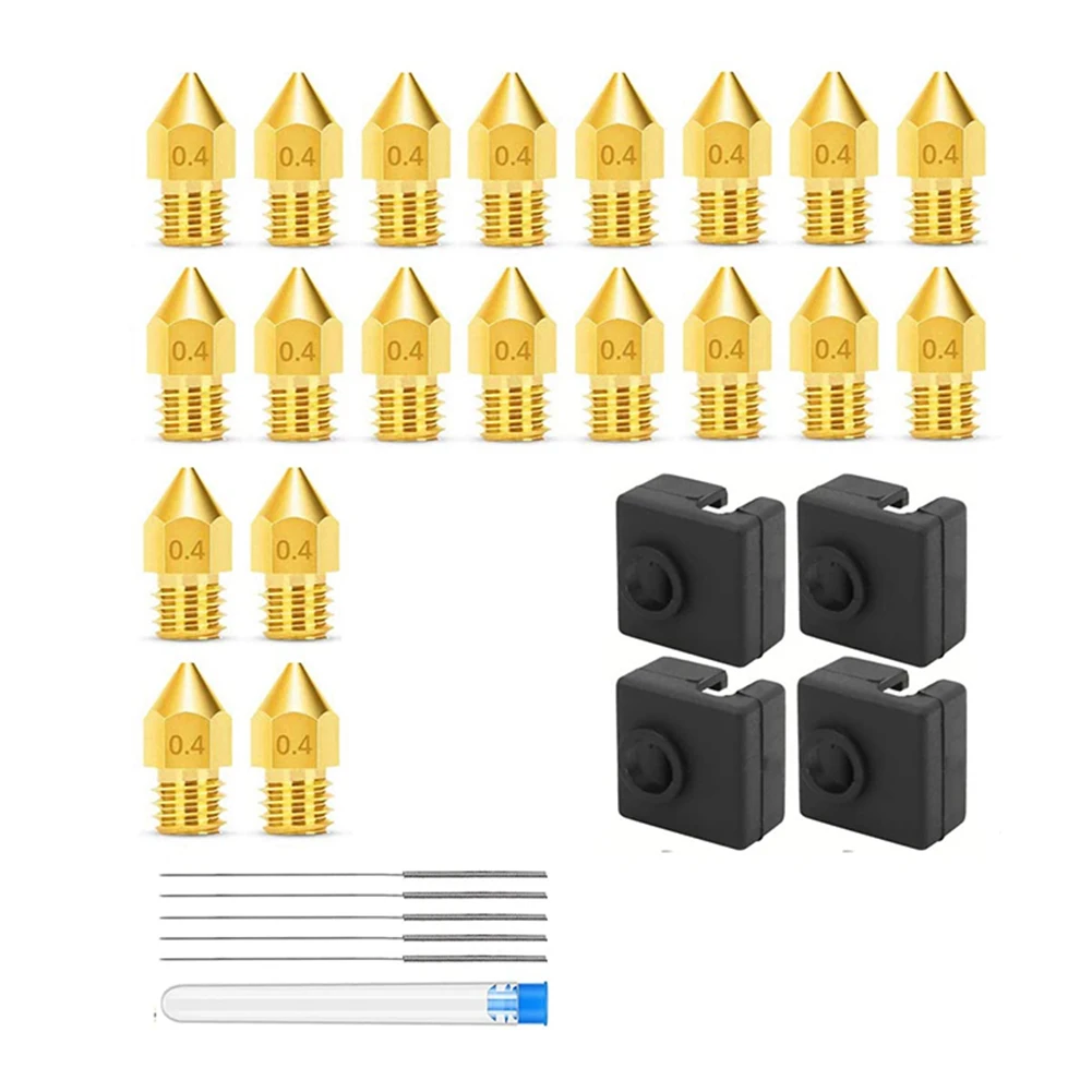 Dysze do drukarek 3D 0,4 mm MK8 Ender 3 Dysze 20 szt. z 4 szt. silikonowych osłon bloku grzejnika, do Ender 3 V2 z 5 igłami