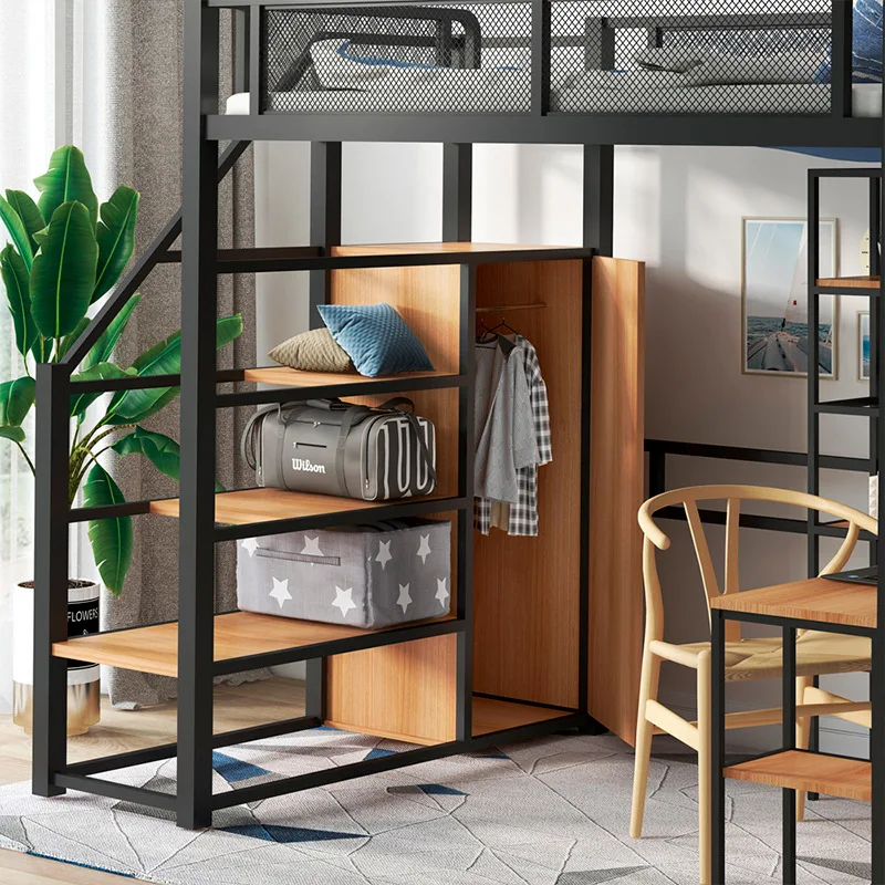 Letto alto e basso in ferro battuto di tipo loft semplice, letto con struttura in ferro salvaspazio per camera da letto, letto superiore e tavolo inferiore multifunzionale
