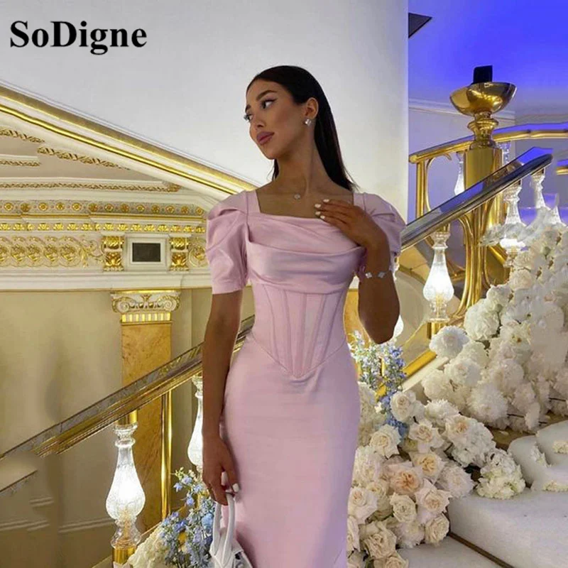 SoDigne Elegant Mermaid Evening Dresses 2023 Cap Sleeves Prom Gown Satin Saudi Arbia Prom Dresses Formal Occasion Dress