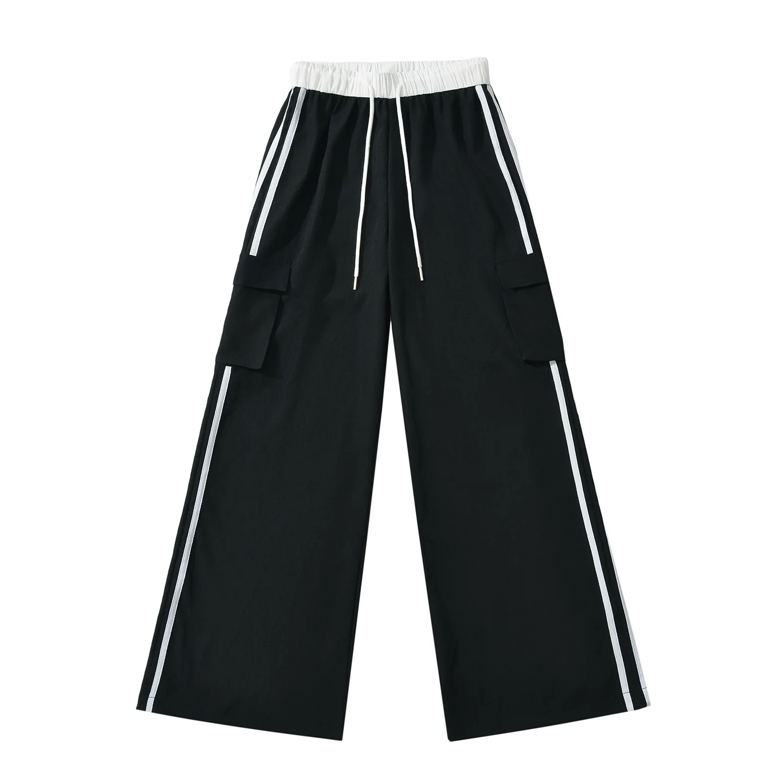 กางเกงทำงานลายทางสไตล์อเมริกันสำหรับผู้หญิง กางเกงลำลองทรงหลวมสำหรับฤดูร้อน กางเกงกีฬาขายาวทรงกว้าง กางเกงสีดำ สไตล์สาวฮอต