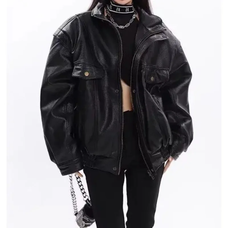 Veste en cuir PU rétro et haut de gamme pour les tenues de moto de pilotes de rue en automne et en hiver