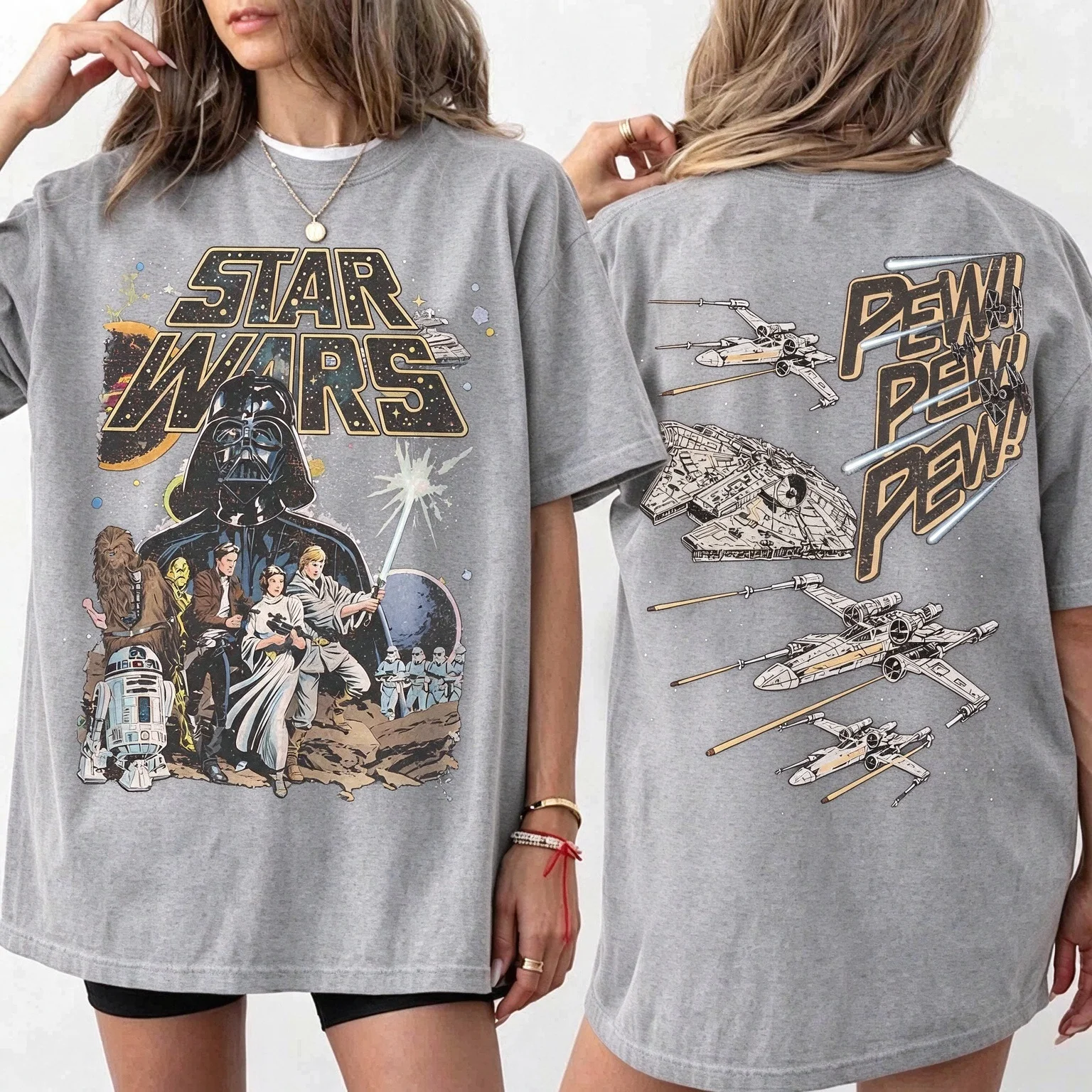 Star Wars Pew Pew Darth Vader X Wing Graphic Tee T Shirt Men's Women's Unisex Cotton Retro Edgy Cool Oversized Short Sleeve Top