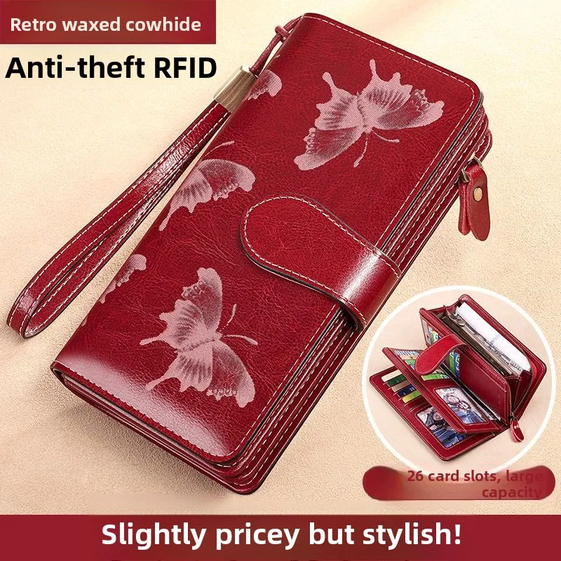 

Кошелек мужской кожаный RFID-блокирующий на молнии из вощеной коровьей кожи с анималистическим принтом, винтажный, трансграничный