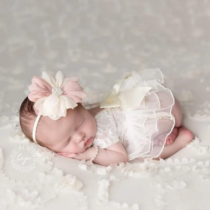 2pcs/set Cute Newborn Girls Lace Photography Rompers+Headband Set Short Sleeve Tutu Romper Dress For Baby Girls Photo Shoot Prop