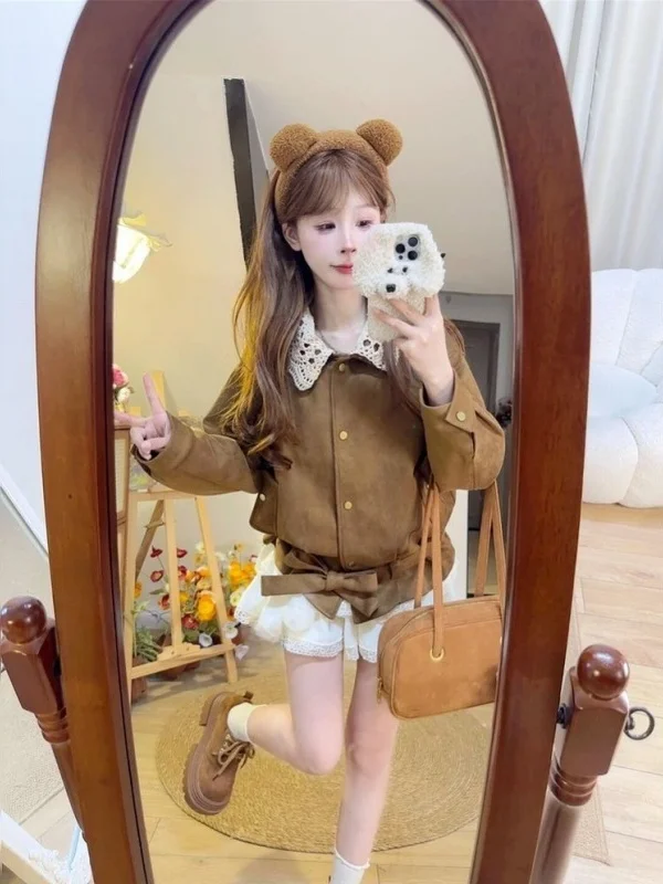 

Ранняя осень, коричневая свободная куртка Lazy Sle, женская куртка 2025, маленький размер, корейский воротник, топ в стиле ретро, зимнее теплое милое пальто