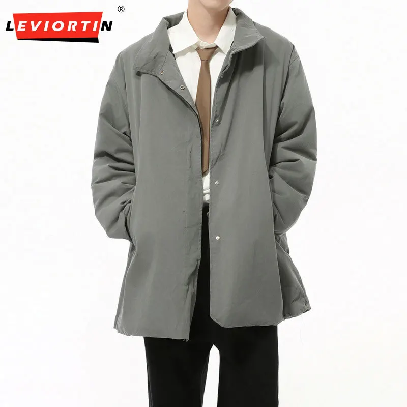 

Men's Winter New Product: Korean Commuter High End Flip Collar Medium to Long Length Warm Solid Color Casual Loose Cotton Jacket