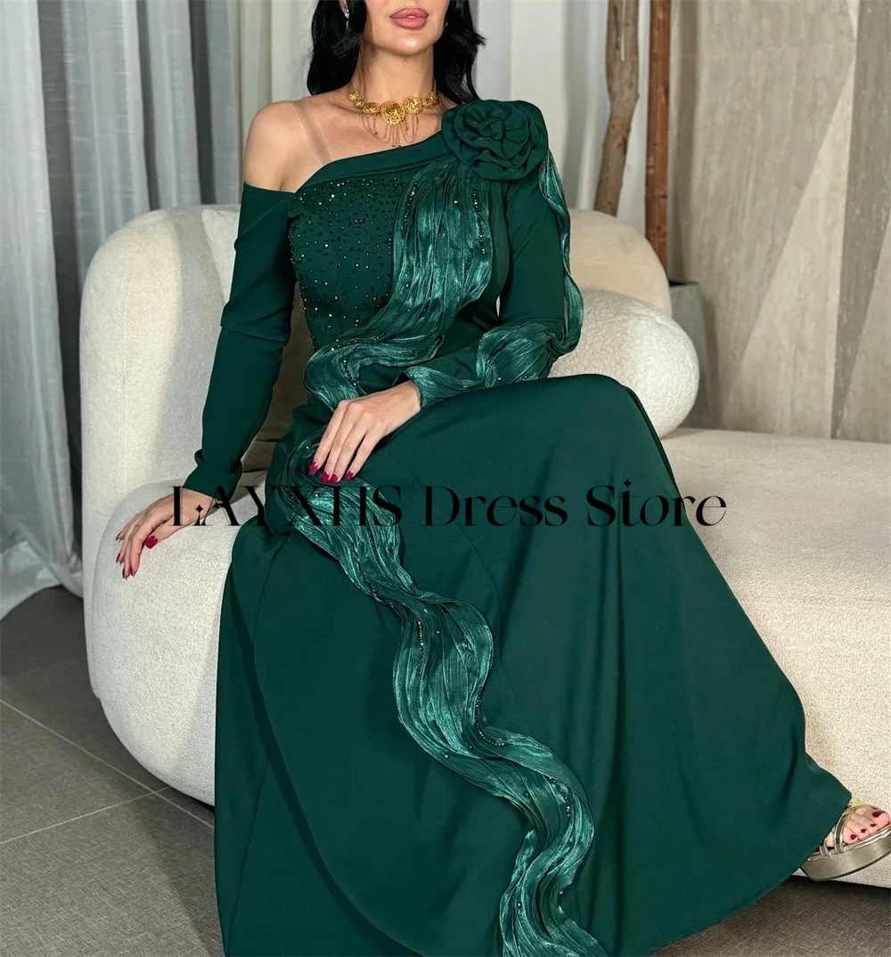 LAYXHS Vestidos de noite luxuosos de um ombro, linha A, mangas compridas, flores frisadas, vestidos de baile personalizados