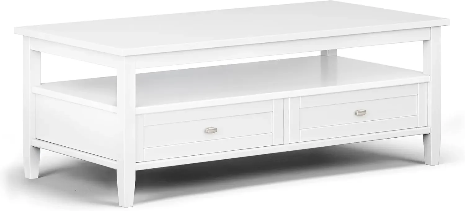 SIMPLIHOME Warm Shaker SOLID WOOD 48 inch Wide Rectangle Coffee Table in White, for the Living Room and Family Room