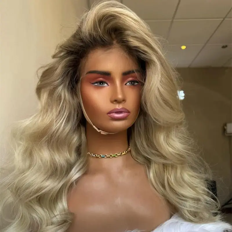 

High Quality Wig Ombre Golden Blonde Lace Front Wig Heat Resistant Fibre Wig Glueless Wigs Natural Preplucked Hairline 22 Inches