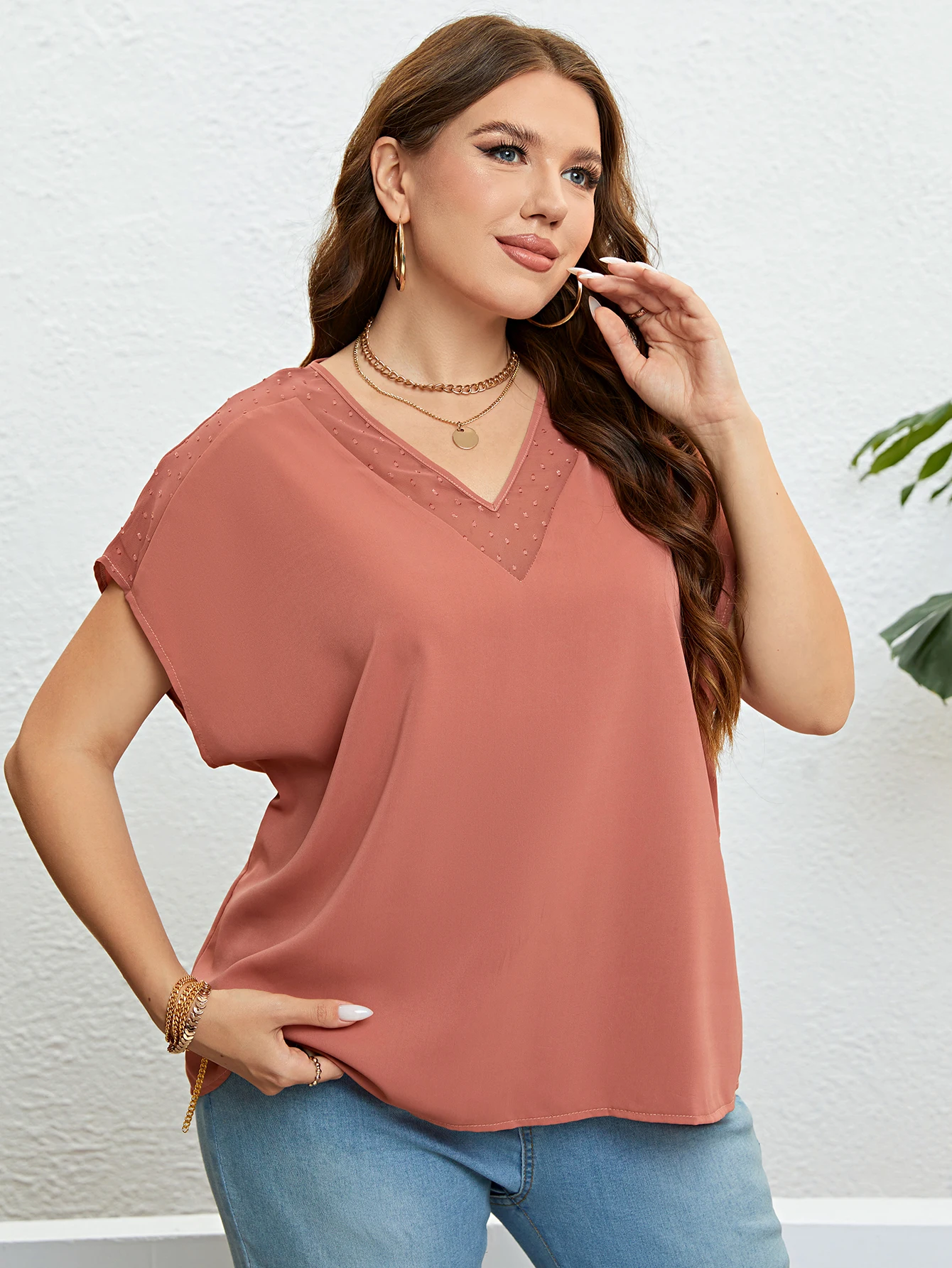 Plus Size Solid V-Neck Mesh Batwing Sleeve Tops For Women 2024 New Summer Korean Fashion Loose Female Elegant Big Size Blouses