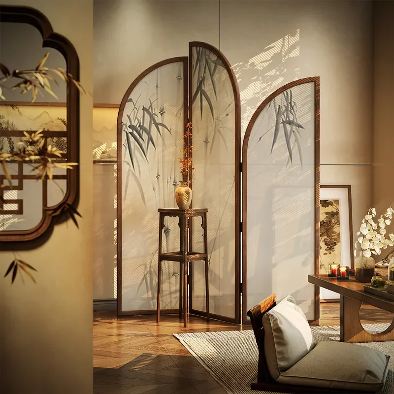 for New Chinese Style Folding Screen Living Room Background Decoration Partition Suzhou Embroidery Solid Wood Zen Bamboo