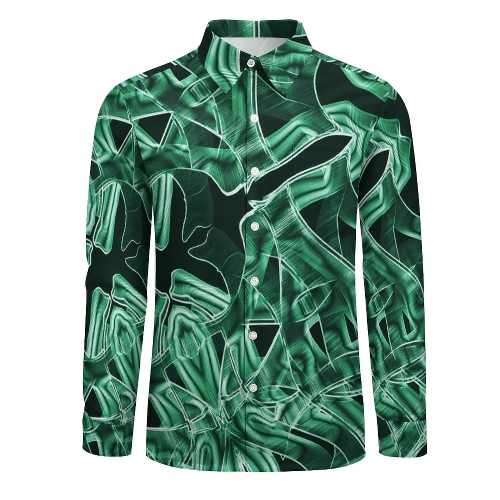 Abstract Curve Blouses Male Green Acrylic Print Shirt Long Sleeve Trendy Korean Fashion Casual Shirts Autumn Top Plus Size