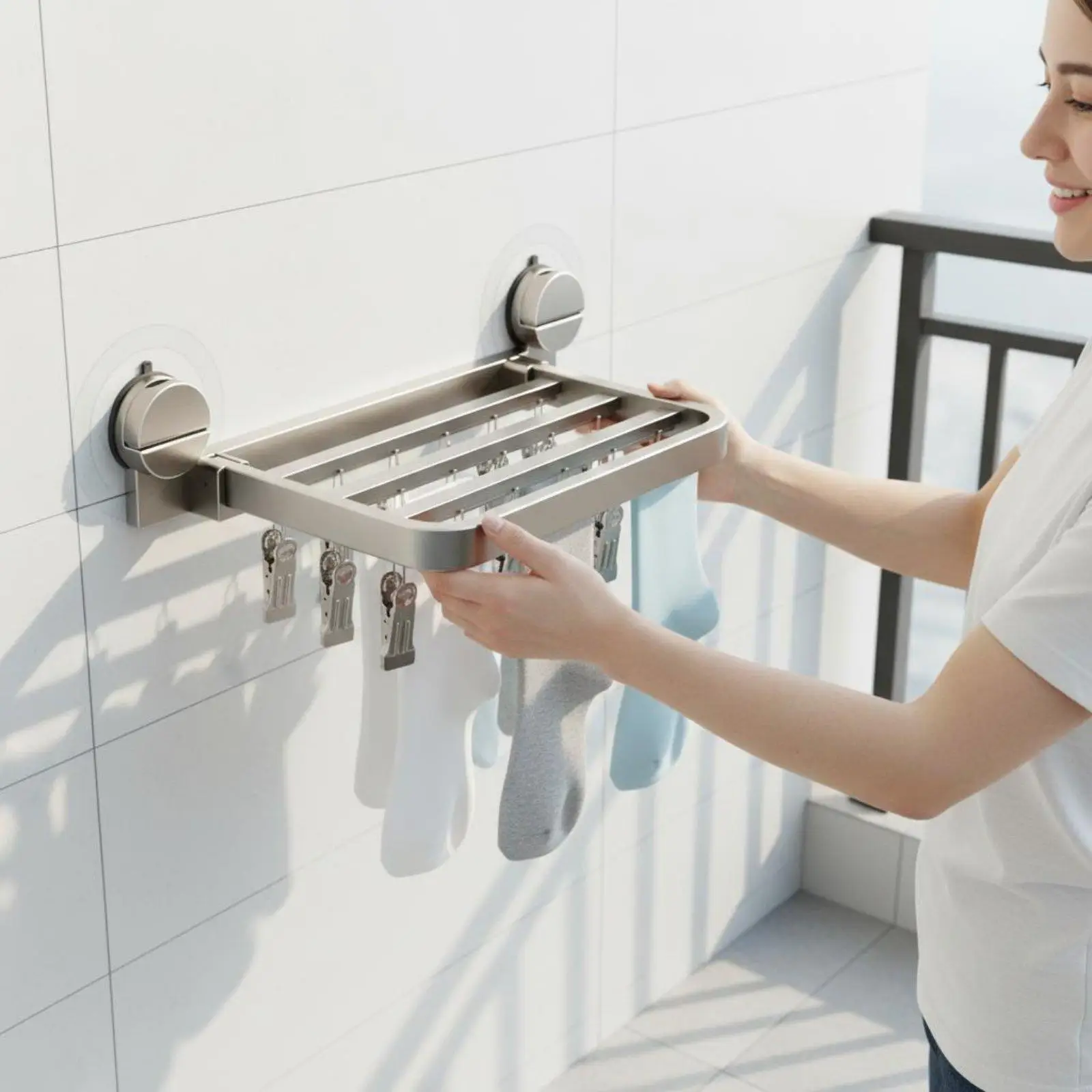 Multi-Prong Laundry Organizer Windproof Suction Cup Dehumidifying Rack Saving Folding Clothes Rack 18 Clips for Balcony,