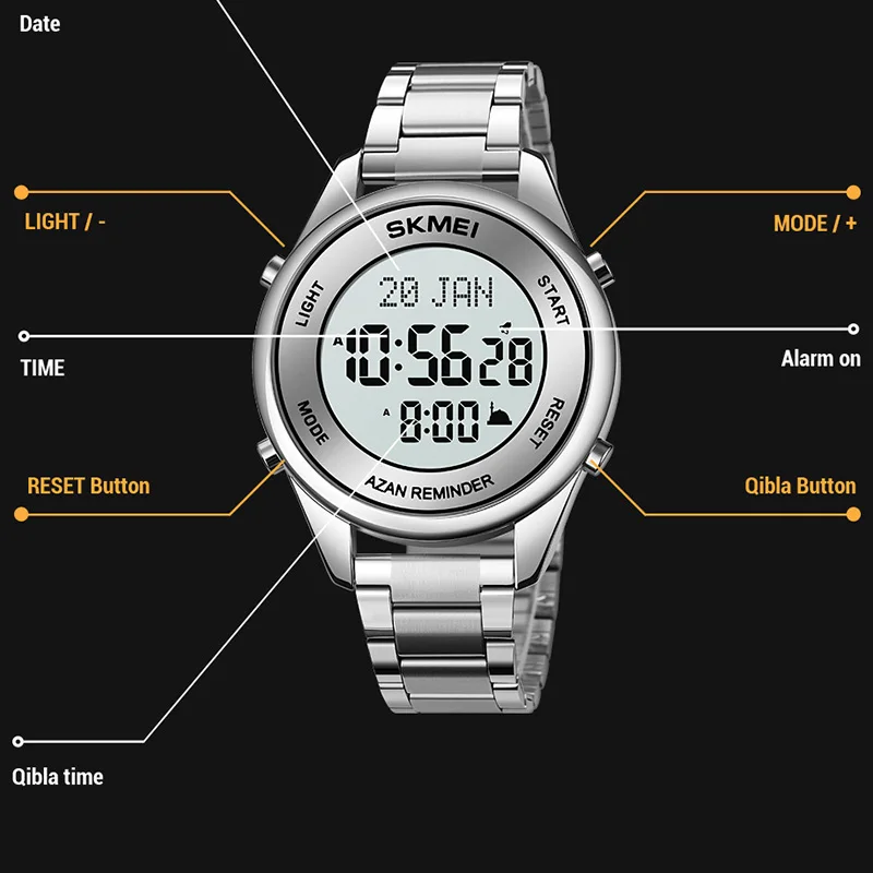 男性用イスラム教徒時計,qiblaコンパスアドハンの祈りのための時計,アラーム,Hijriカレンダー,イスラム教徒,アラメ