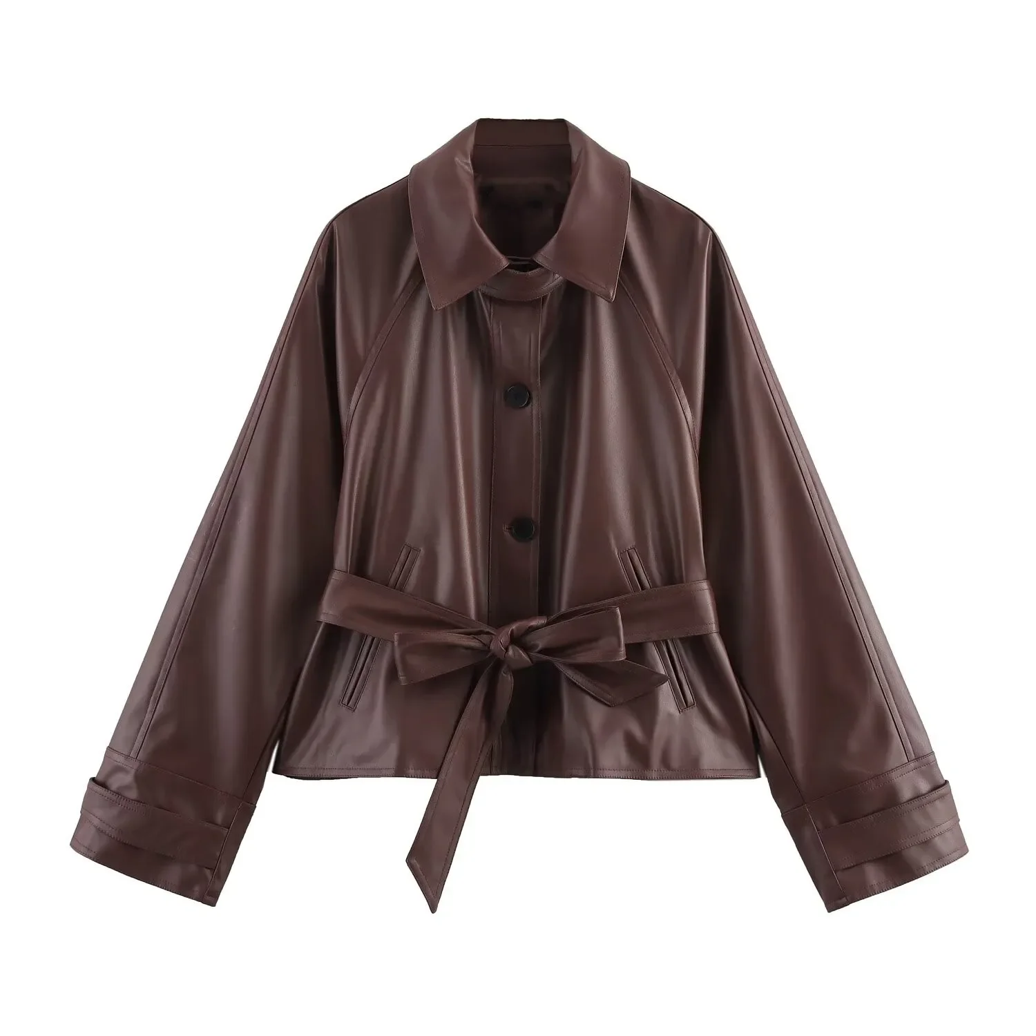 

женская куртка из искусственной кожи с лацканами и длинными рукавами, однобортная короткая ветровка с карманами, весна-лето, новый повседневный шикарный топ