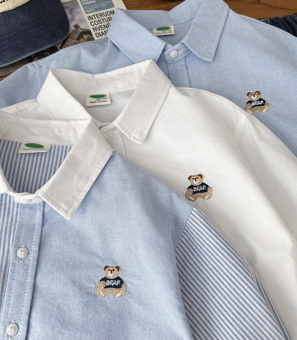 2025 Autumn Boys Cute Embroidery Bear Long Sleeve Stripe Cotton Blouse 100-150cm