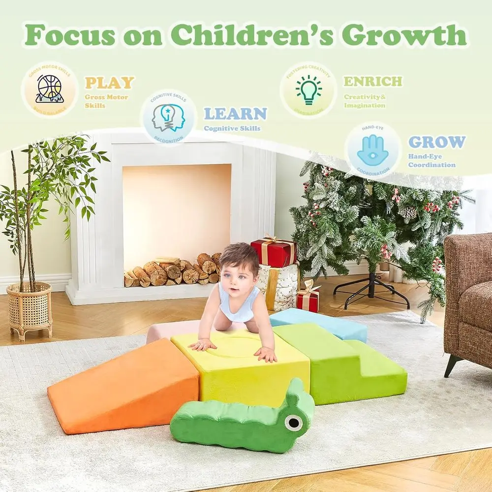 Indoor Soft Foam Climbing Blocks Set for Toddlers: 7-Piece Play Gym for Baby Crawling, Climbing, and Sliding