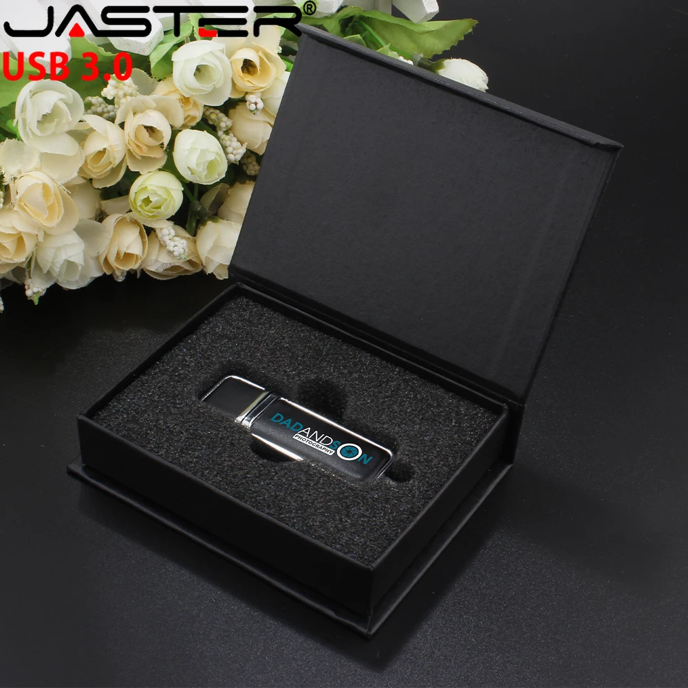 

JASTER 128GB 3.0 Black Leather high-end gift USB drive Pen Drive 64GB Memory Stick 32GB Cardboard Box GIFT LOGO Wedding Gifts