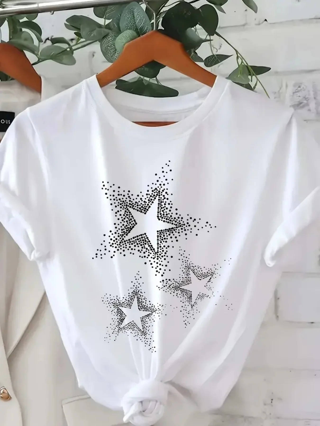 

Women's Casual Short Sleeve T-Shirt - Black with White Star Print Round Neck Top for Spring & Summer Machine Washable