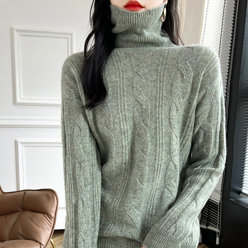 DjzDsm Autumn And Winter New 100% Pure Wool Women's Thick Turtleneck Sweater Warm Knit Jumper Korean Fashion Base Top