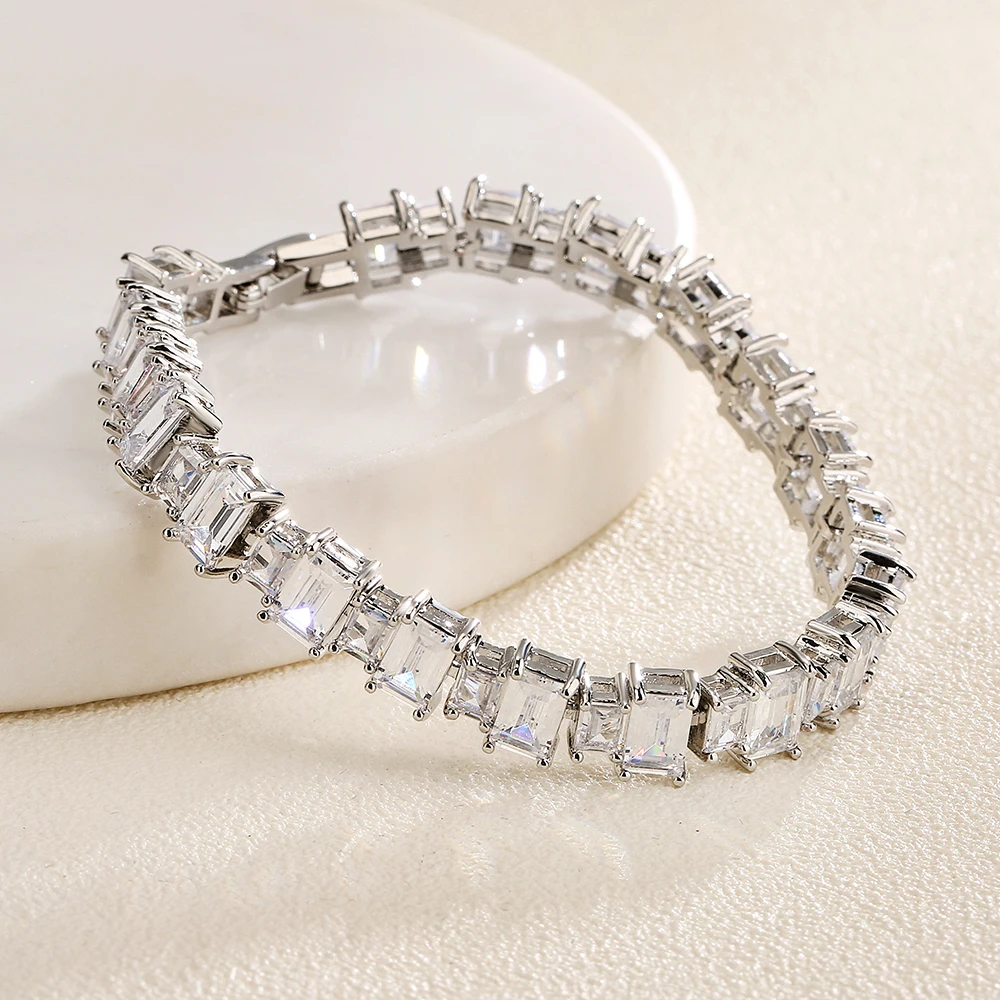 ZAKOL Luxury Square Zirconia Chain Bracelets For Women Girls Brides Silver Color Crystal Wristlet Jewelry Wedding Festival Gifts