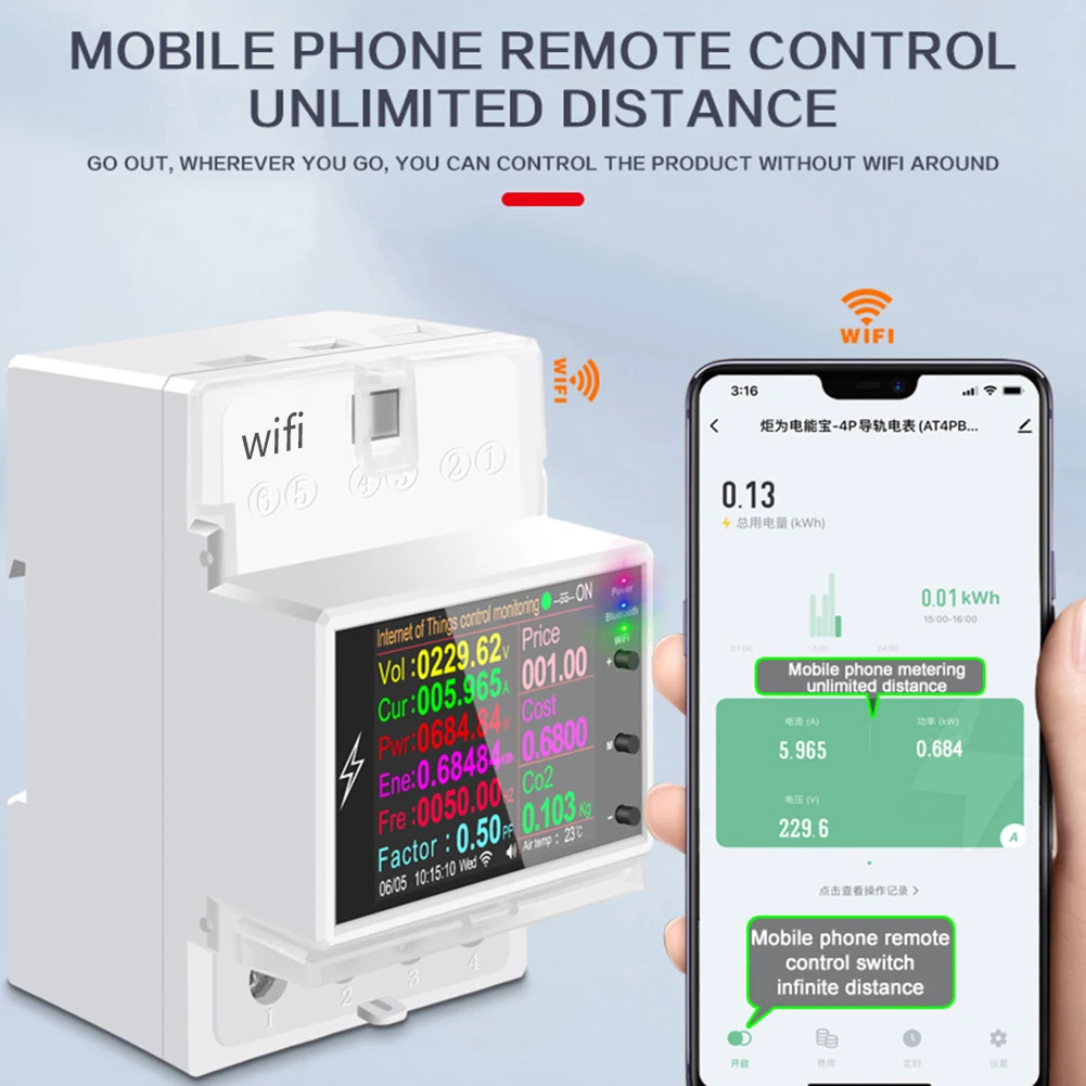 AT4PW Smart Electricity Meter AC 110V 220V 100A WiFi Digital Power Energy Din Rail Monitor Remote Control Easy Installation