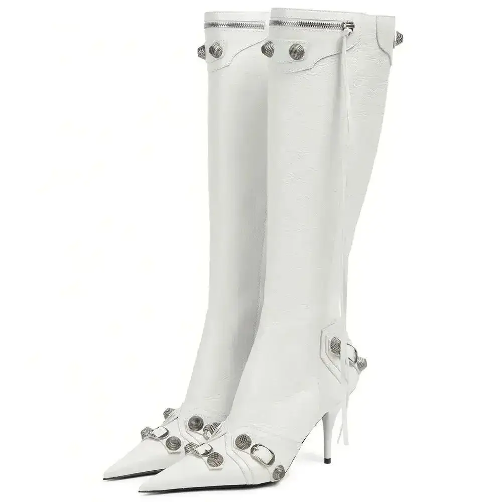 Elegant Plus Size Trendy Ladies Stiletto Heel Pointed Toe Winter Long Boots Studs Side Zipper Women Knee High Boots Black white