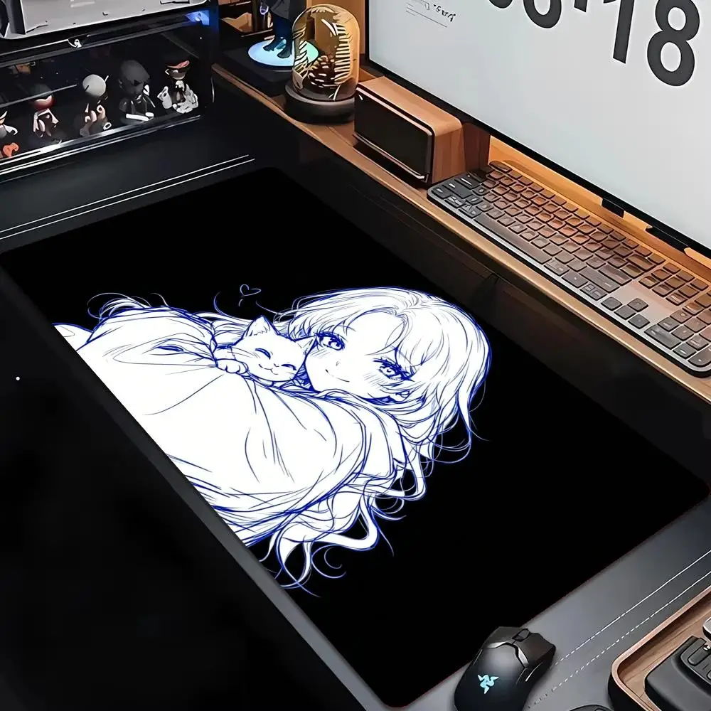 Large Black White Sketch Anime Girl Mouse Pad XXL Simple Line Drawing Desk Mat Non-Slip Rubber Keyboard Pad For PC Desktop Gamer