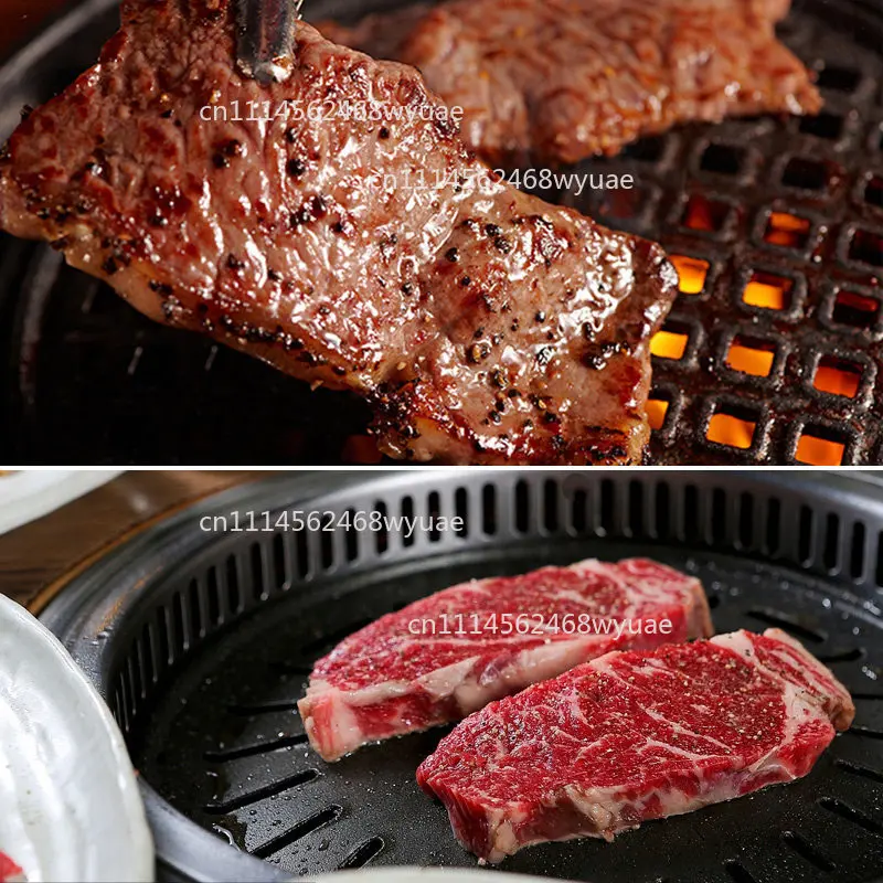 Korean Charcoal Grill Commercial Cast Iron BBQ Grill Pan, Portable Non-Stick Stone Coated Round Hollow Smokeless for Home