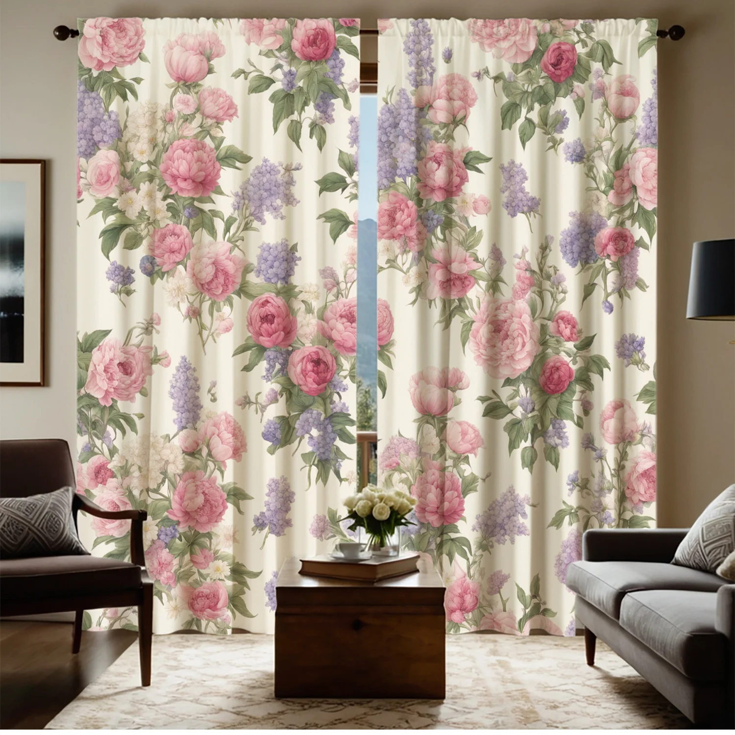 2pcs Glam Style Floral Printed Curtains, Semi-Sheer Polyester Drapes with Rod Pocket, Machine Washable, Decorative Unlined Windo