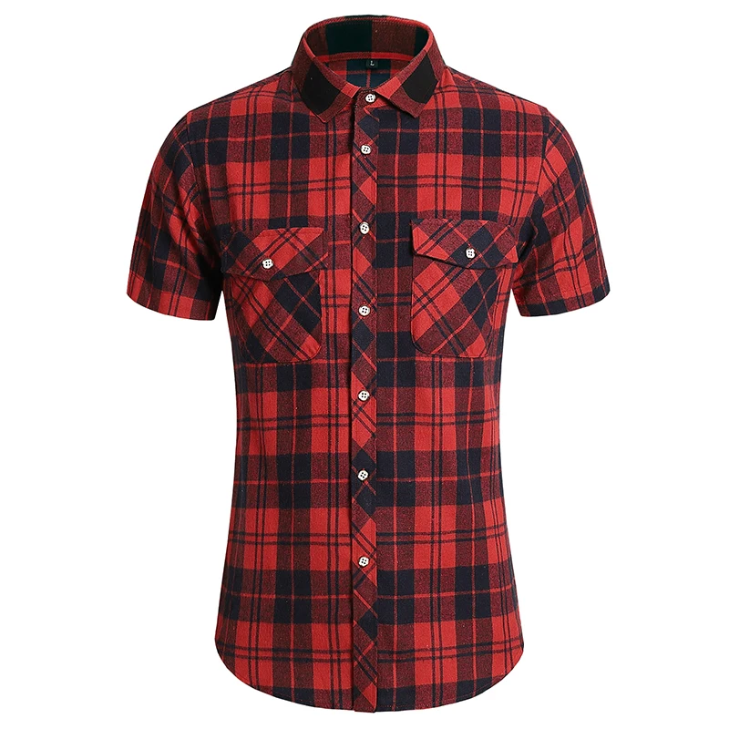 Summer New Men Short Sleeve Checkered Shirt Red / White Fashion Male Business Social Wedding Party Dress Top Large Size 7XL-M