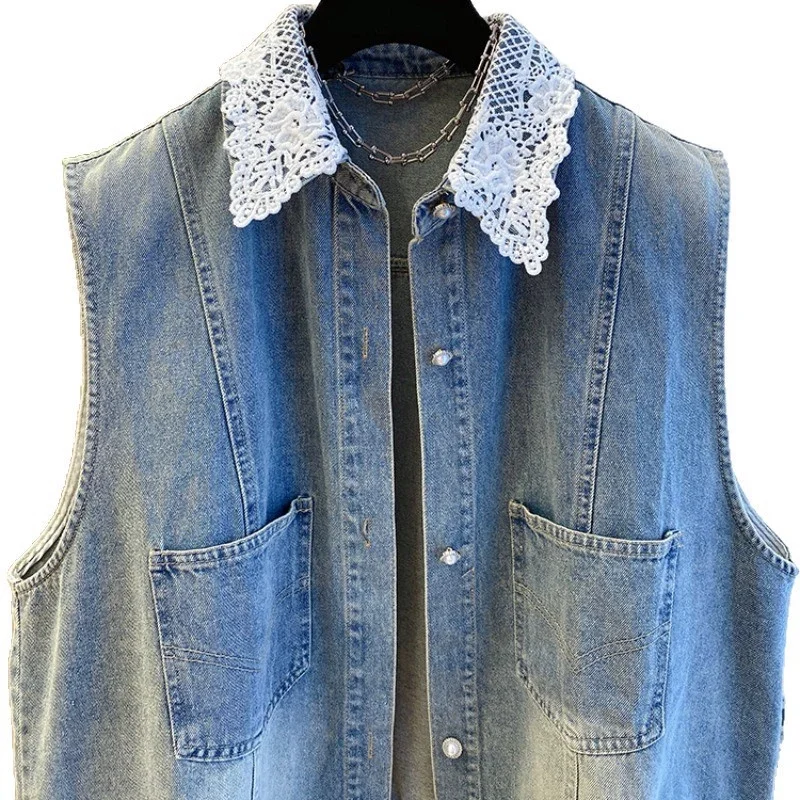 Damska kamizelka jeansowa jesienno-letnia codzienna bezrękawnik kurtka z koronkowymi wstawkami płaszcz dżinsowy streetwear damska kowbojska kamizelka chaleco mujer