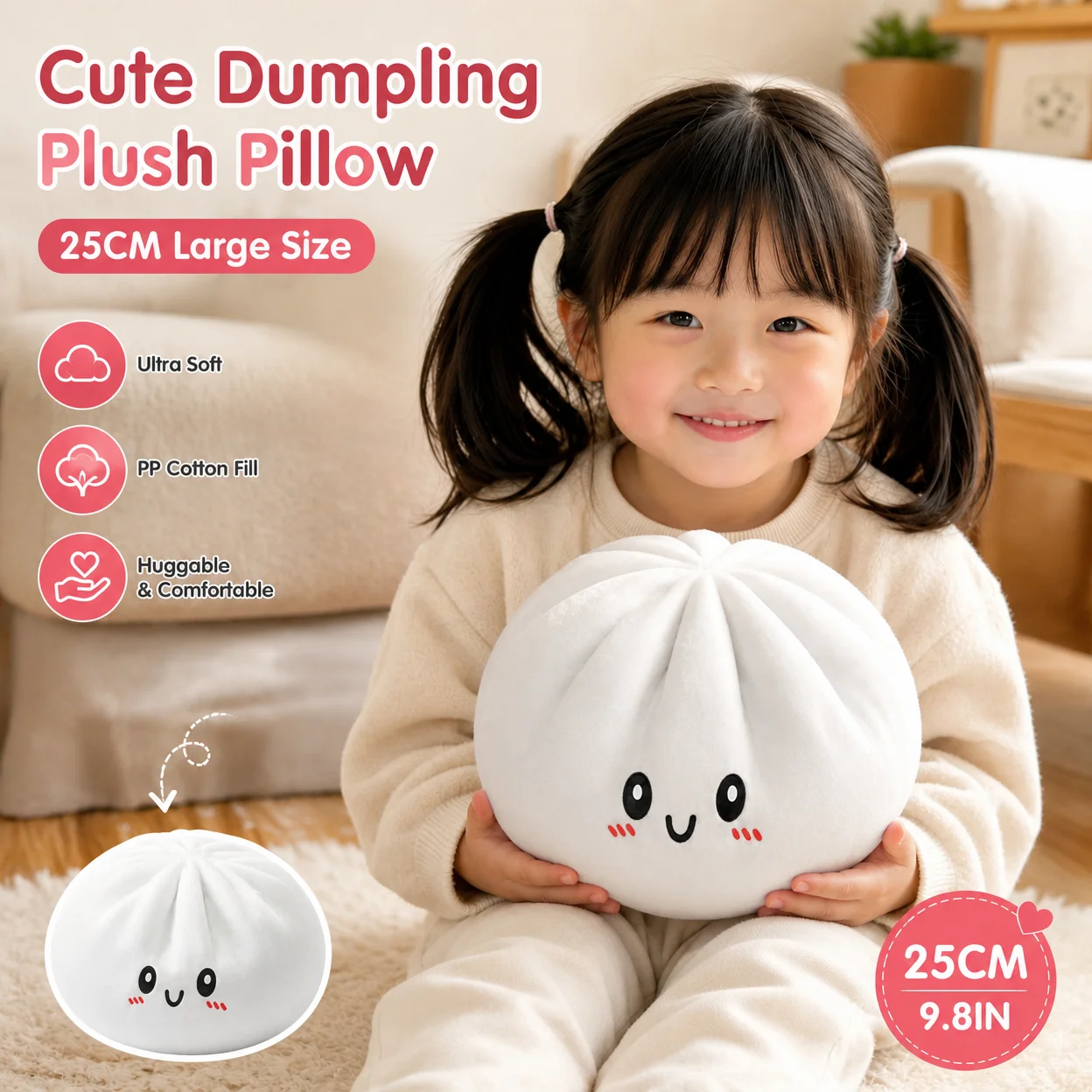 Cute Giant Dumpling Squishy Plush Toy Soft Stuffed Bun Pillow Adorable Face Stress Relief Toy Creative Squeeze Toy For Kids Gift